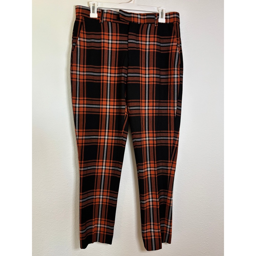 BoohooMAN Mens Orange Black Plaid Slim Fit Trousers Size 32R 32x27